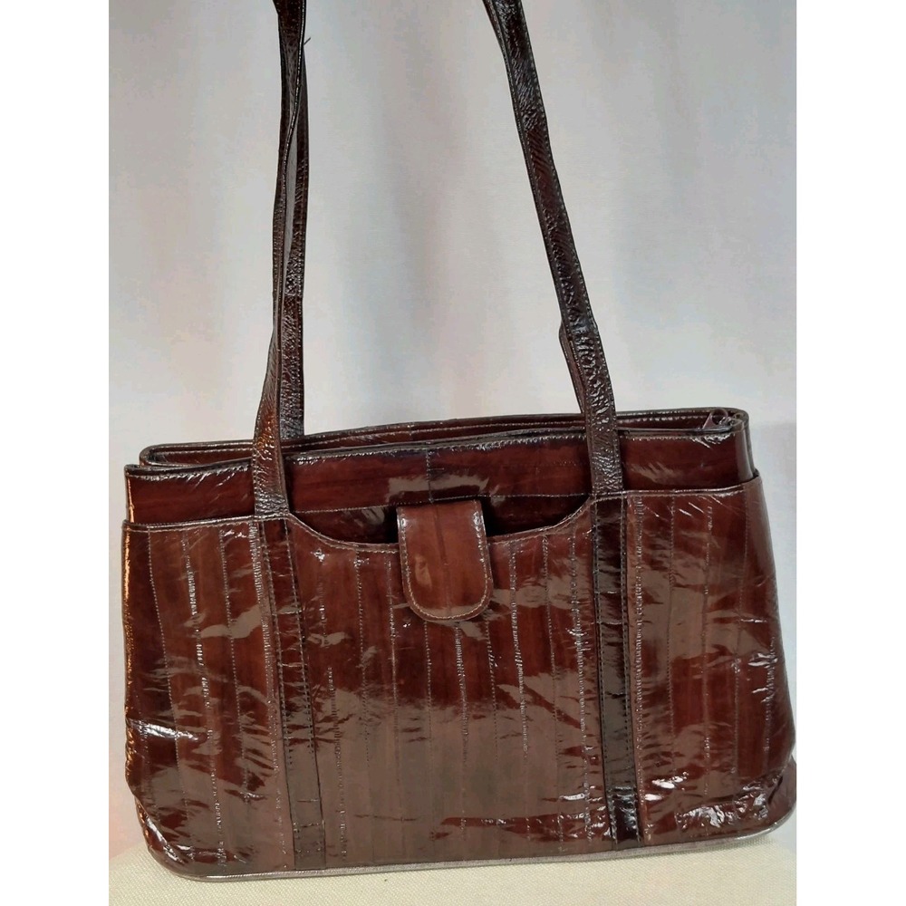Vintage 70s 80s 90s Eel Skin Leather Shoulder Tote Bag Brown Korea Glossy Purse
